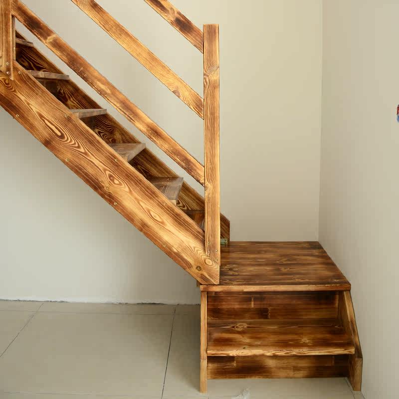 热销阁楼梯子_复式跃层梯碳化木做的楼梯直角转弯阁楼梯子家用梯可