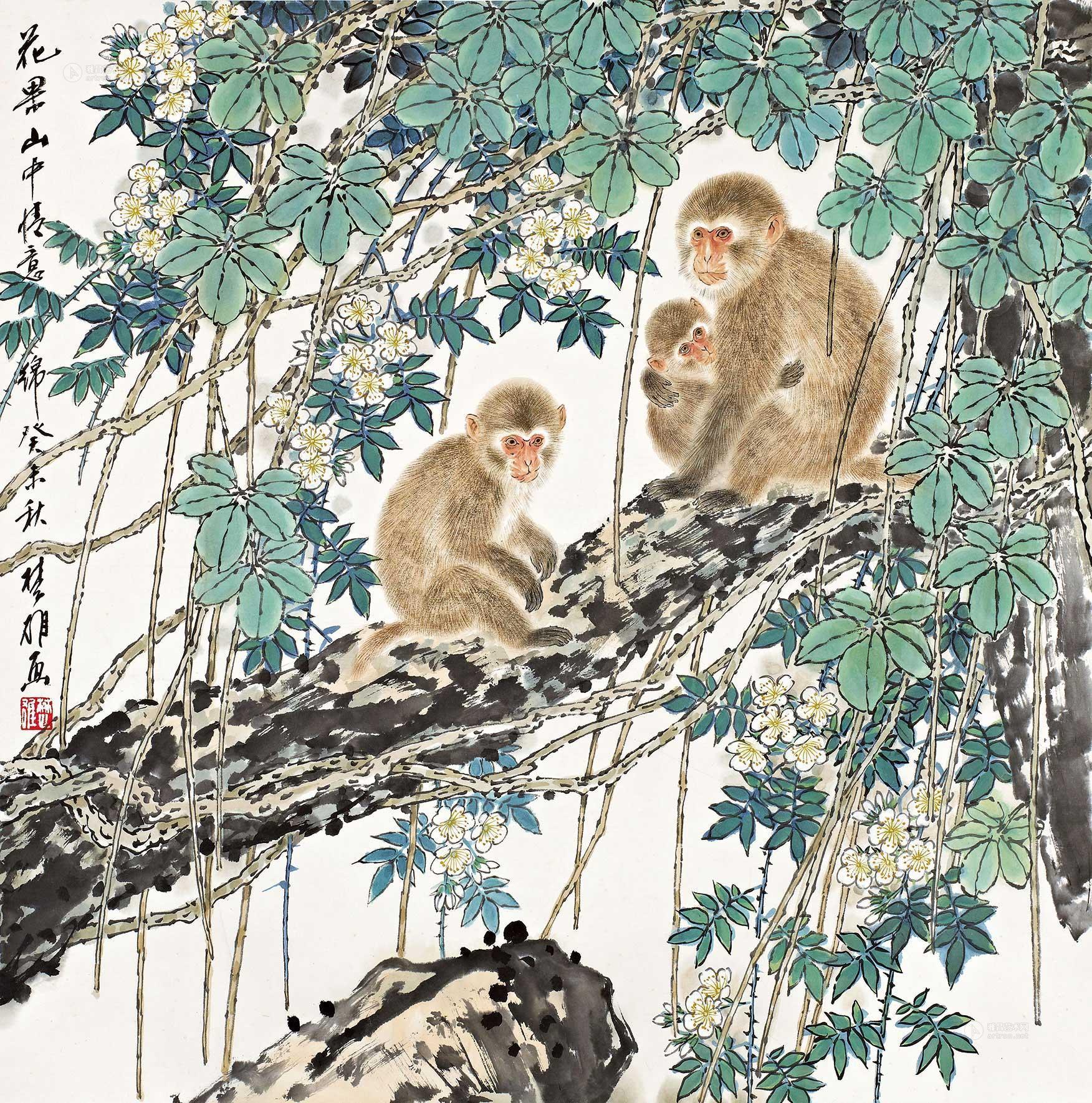 0491 癸未(2003年)作 花果山中情意绵 镜心 设色纸本