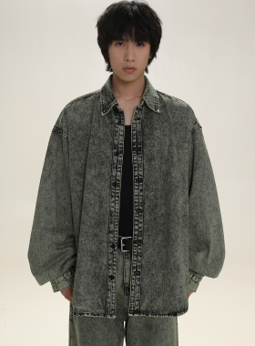 masonprince 秋季做旧砂洗宽松牛仔裤套装男宽松休闲