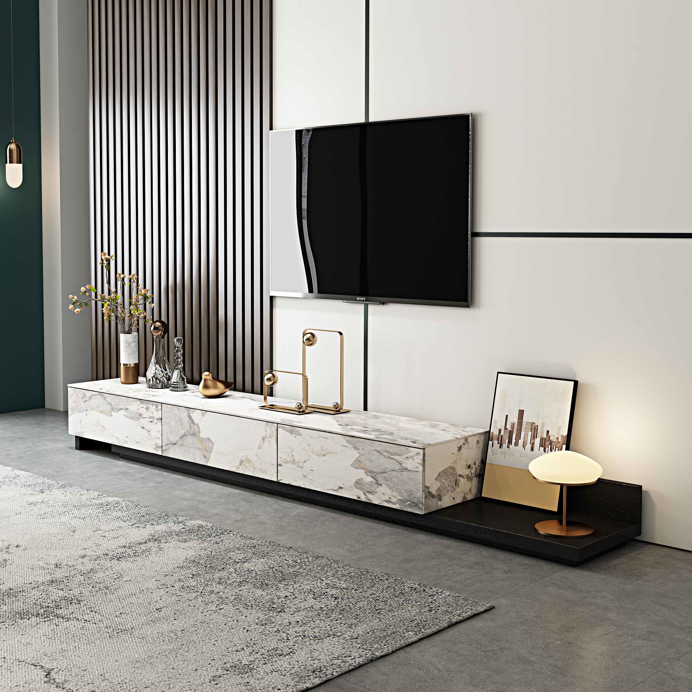 意式伸缩岩板电视柜茶几组合现代简约轻奢客厅地台电视柜