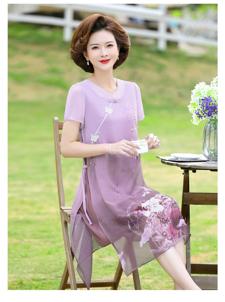 称美中老年女装夏装连衣裙405060岁新款中年妈妈装夏季短袖裙子中长款