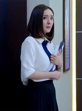 2016新款女装亲爱的翻译官杨幂乔菲同款藏蓝色枪色扣衬衫雪纺衫