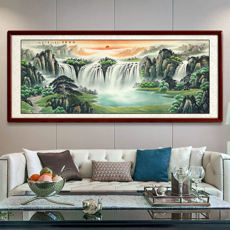 青绿名家纯手绘国画真迹旭日东升山水画客厅挂画字画靠山图办公室