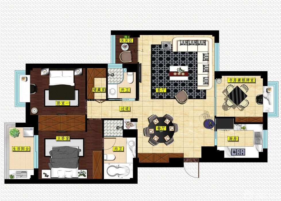高端别墅客厅平面图片_装信通网效果图