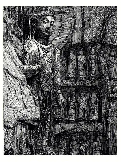 钢笔画龙门石窟