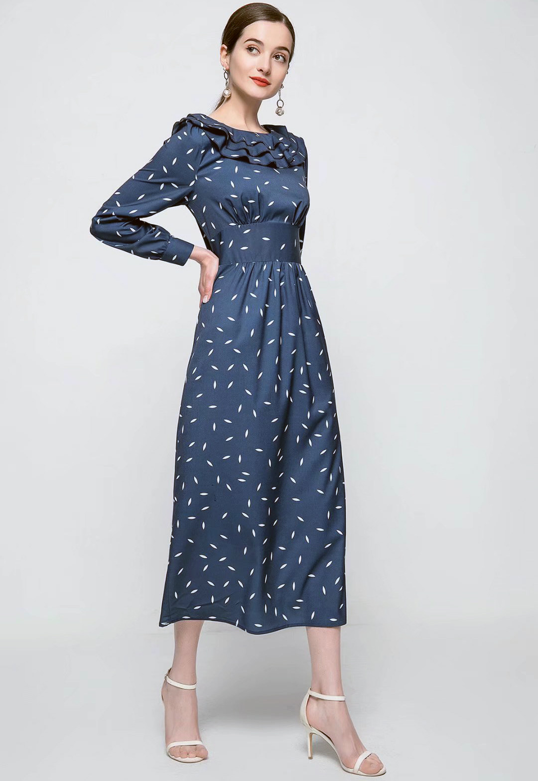 欧洲站2021年春季走秀新款气质女装时尚修身印花连衣裙