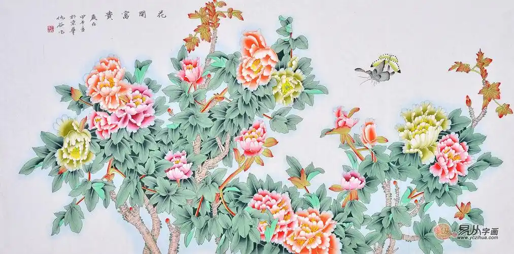 仇谷四尺横幅工笔花鸟画作品牡丹《花开富贵》