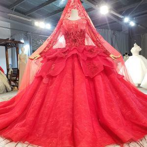 2022春季新款中式红色圆领长袖性感蕾丝拖尾穆斯林婚纱定制主婚纱