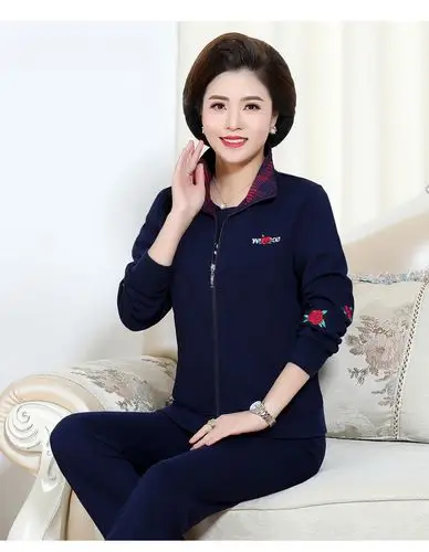 2020新款春秋中老年运动服套装40-50妈妈爸爸装三件套女 蓝色 l