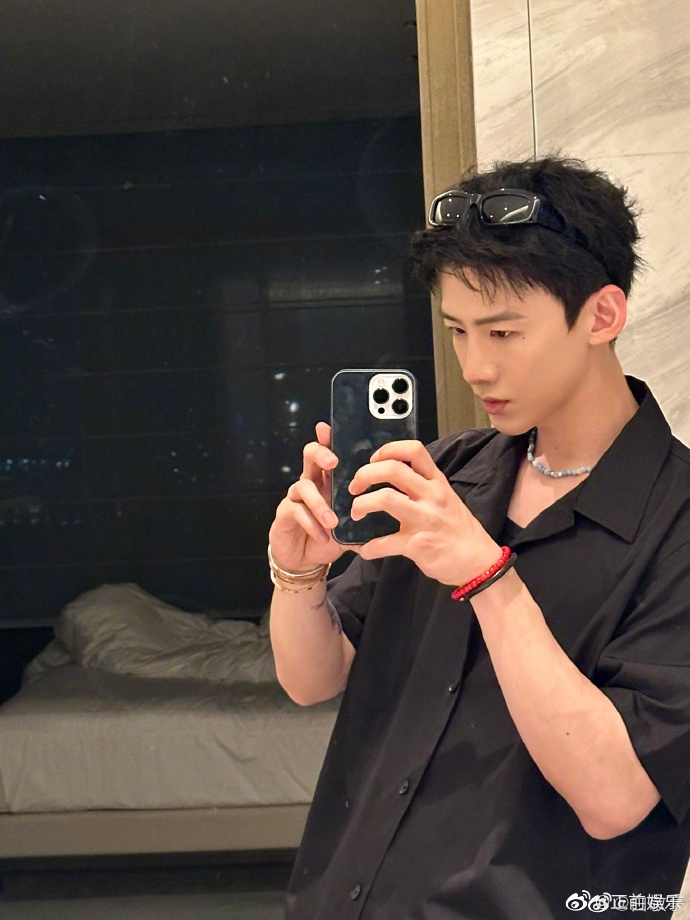 白敬亭对镜自拍四宫格##白敬亭全黑ootd