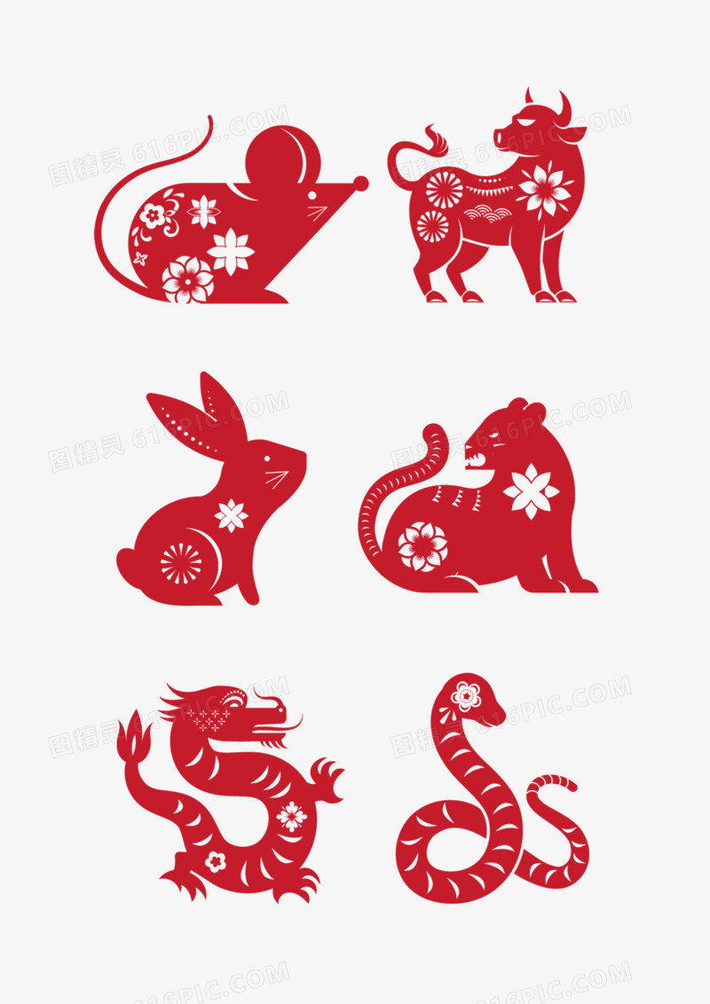 一组简约矢量十二生肖剪纸合集免抠素材