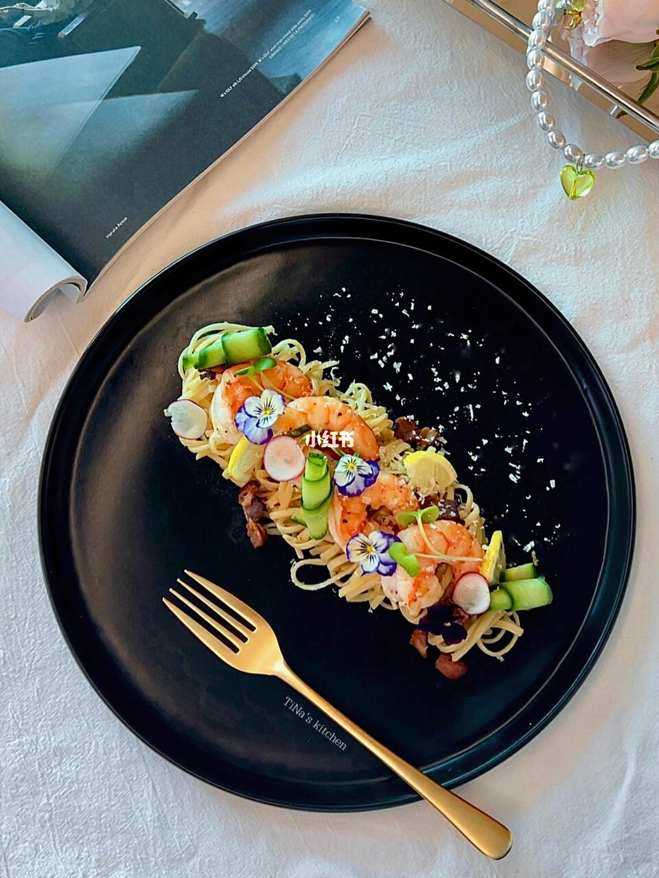 小清新意式柠檬鲜虾意面仪式感摆盘