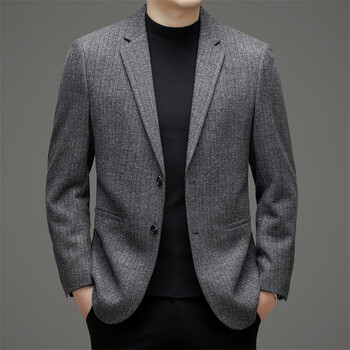 雅弋尔西装男士外套秋季人字纹休闲西服男装条纹单西便服厚款男装灰色