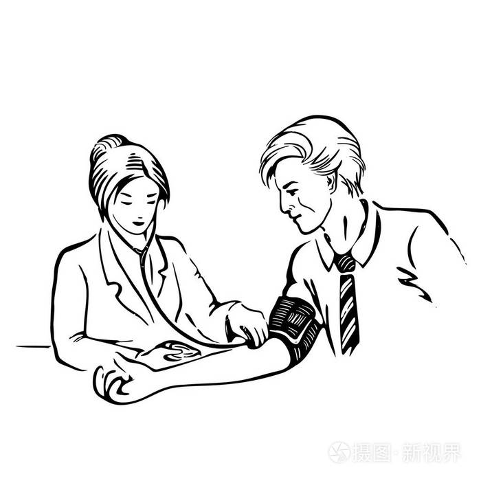 医生测量血压病人绘制线性矢量图