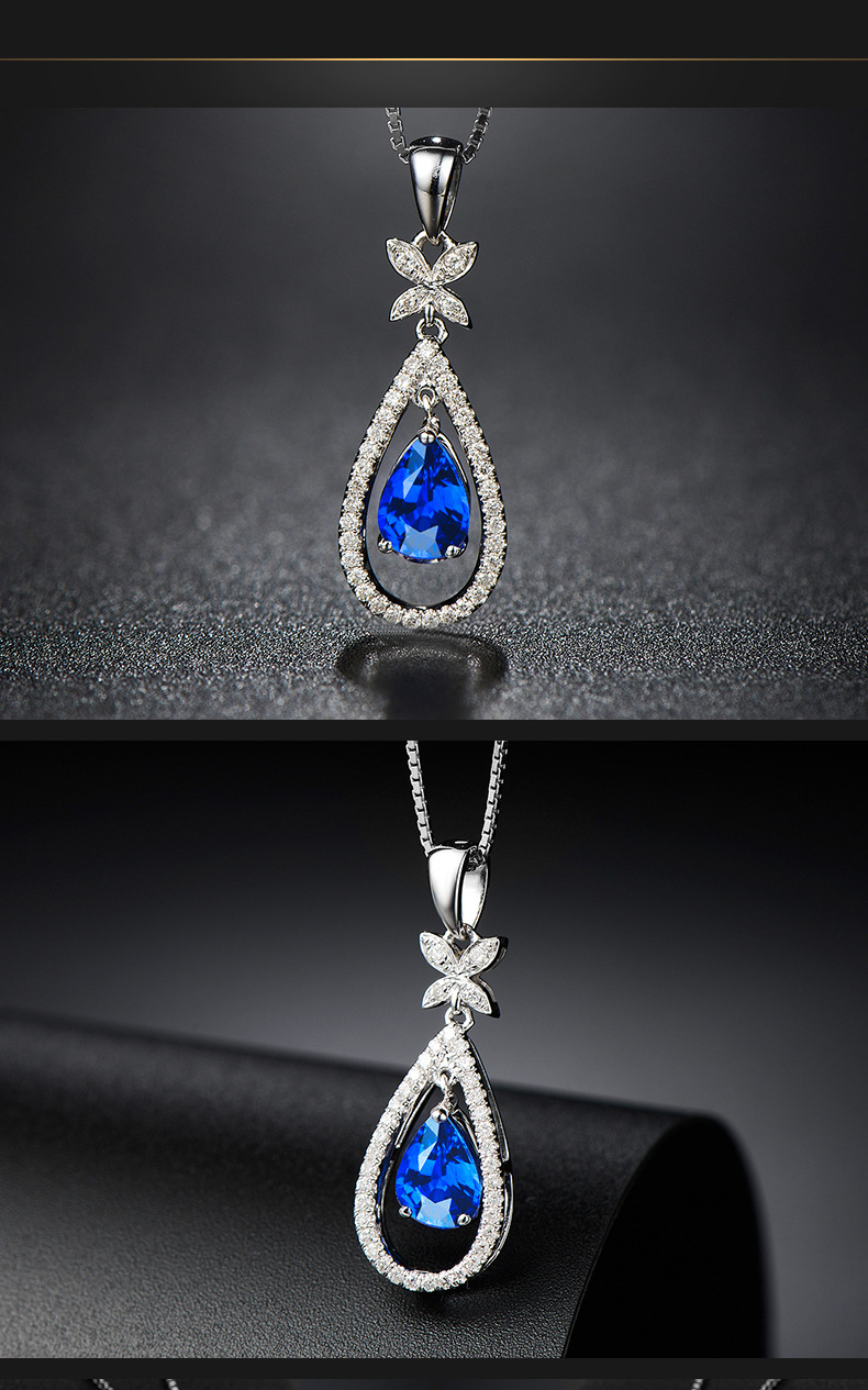 新款气质镶嵌锆石水滴形蝴蝶灵动仿蓝宝石吊坠女锁骨链项链批发