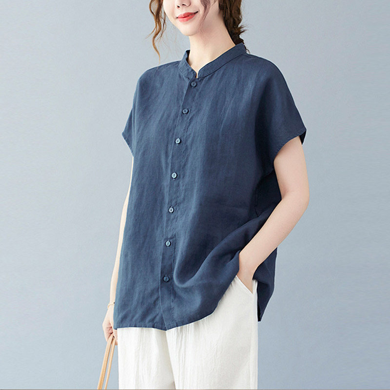 2022新款中年夏装棉麻上衣妈妈宽松亚麻中老年小衫女士t恤女装