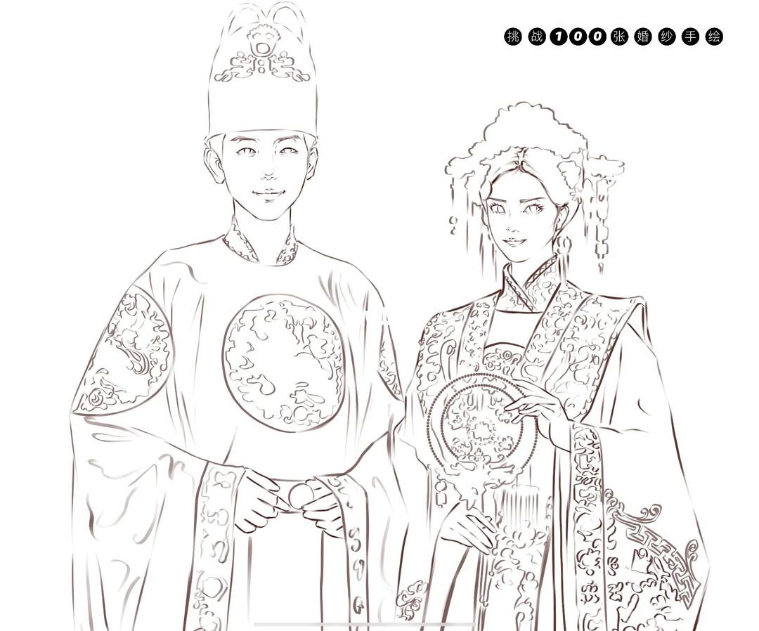 复古风婚纱手绘 线描