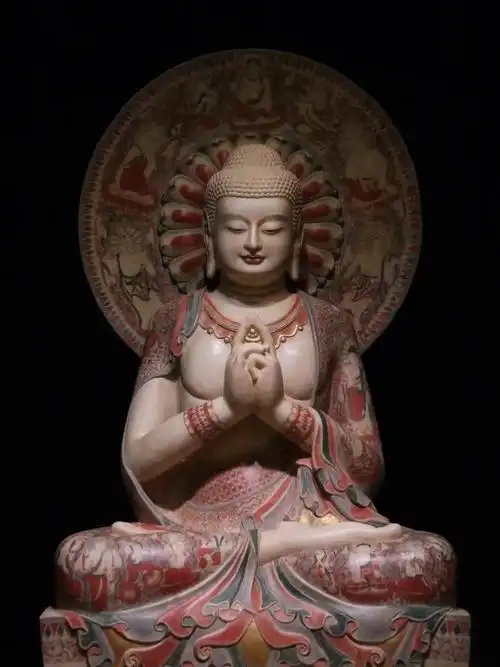 唐代汉白玉彩绘坐佛长75厘米宽45厘米