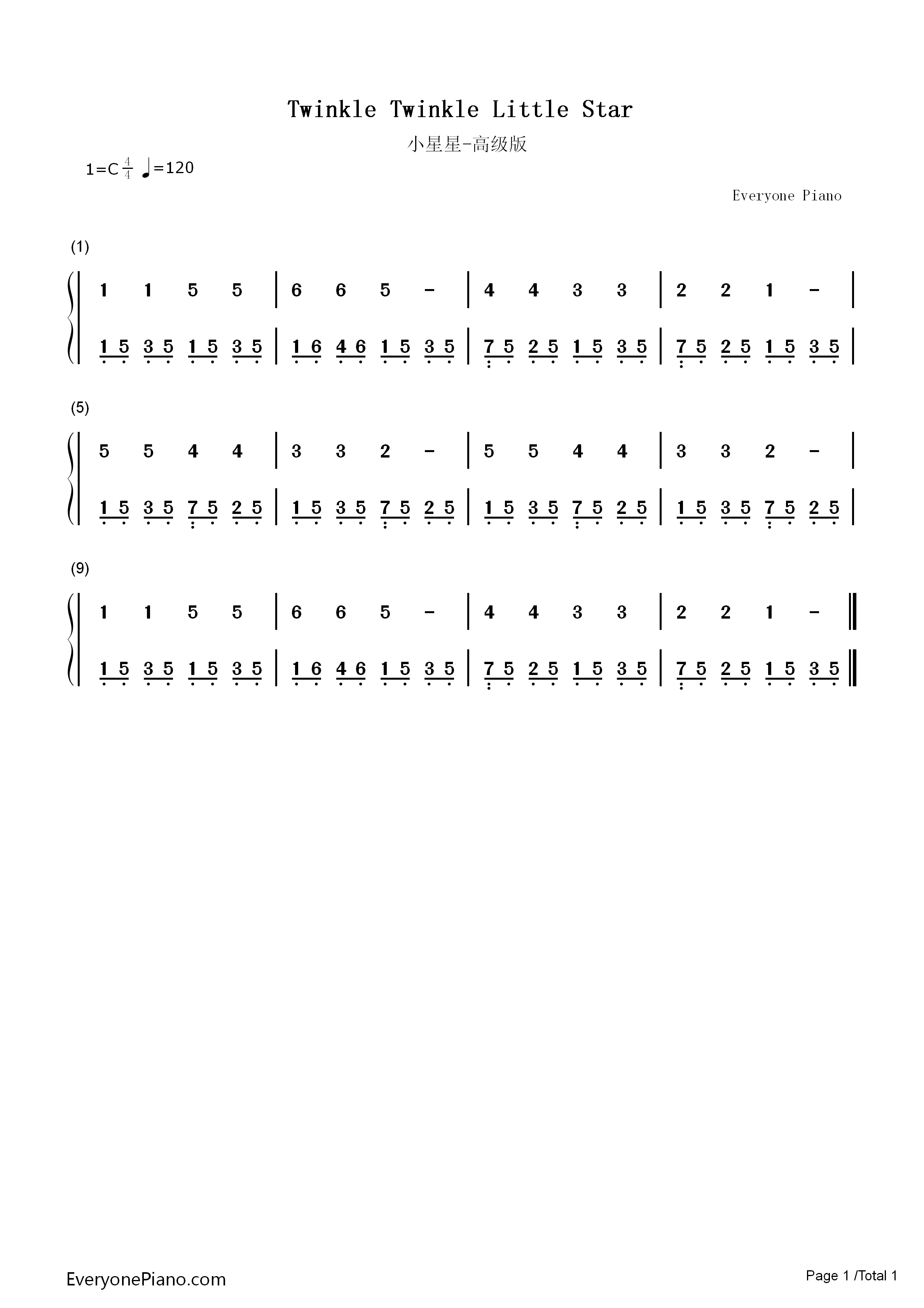 小星星高级版eop教学曲双手简谱预览1