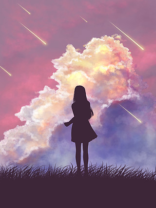 天空晚霞云朵唯美梦幻紫色流星女孩背景插画