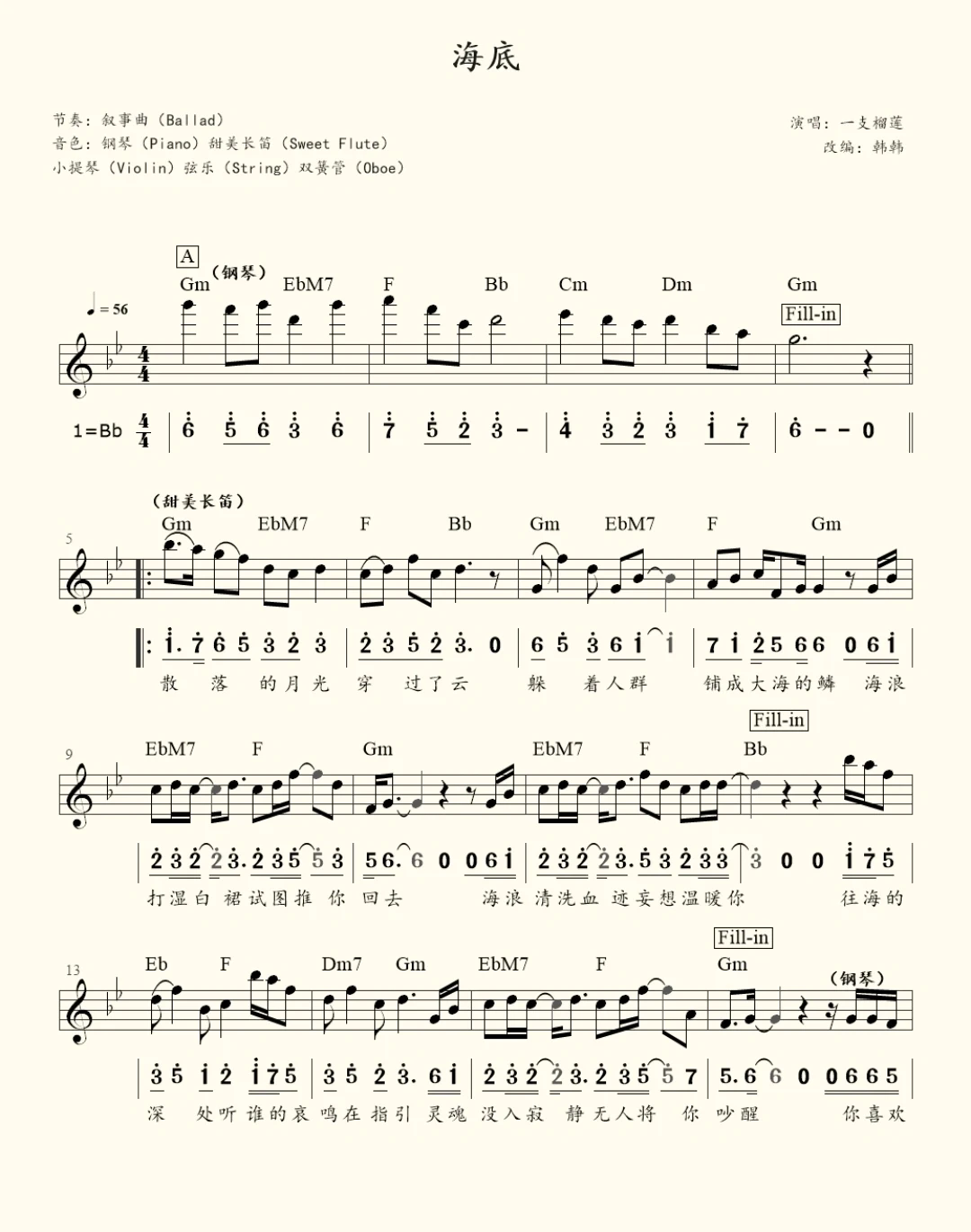 电子琴曲谱海底