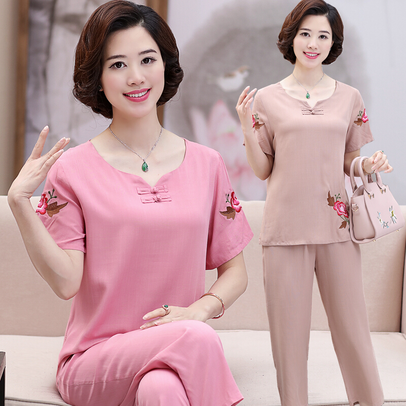 妈妈装夏装棉麻短袖裤子套装中老年女夏季4050岁两件套中年妇女