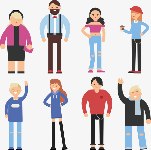 八个不同穿着的人免抠素材免费下载_觅元素51yuansu.com