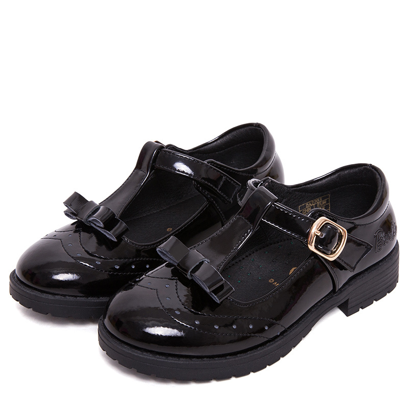 芭比童鞋女童皮鞋春秋新款儿童黑色鞋子英伦风小公主真皮演出鞋