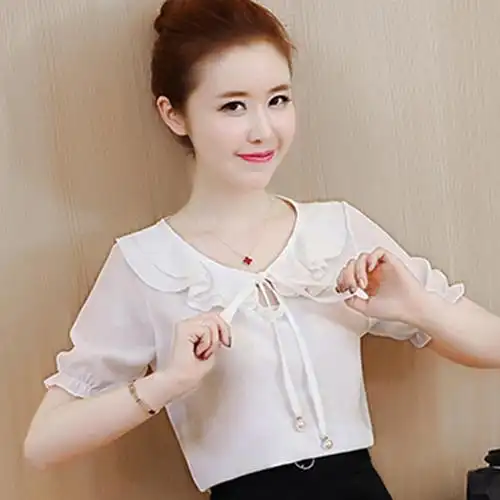 夏天雪纺短袖上衣女t恤小衫2022夏季女装新款韩版宽松显瘦雪纺衫