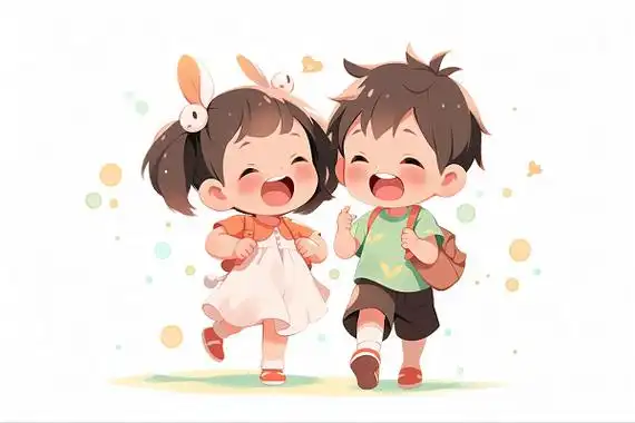 小男孩和小女孩开心上学卡通ai元素