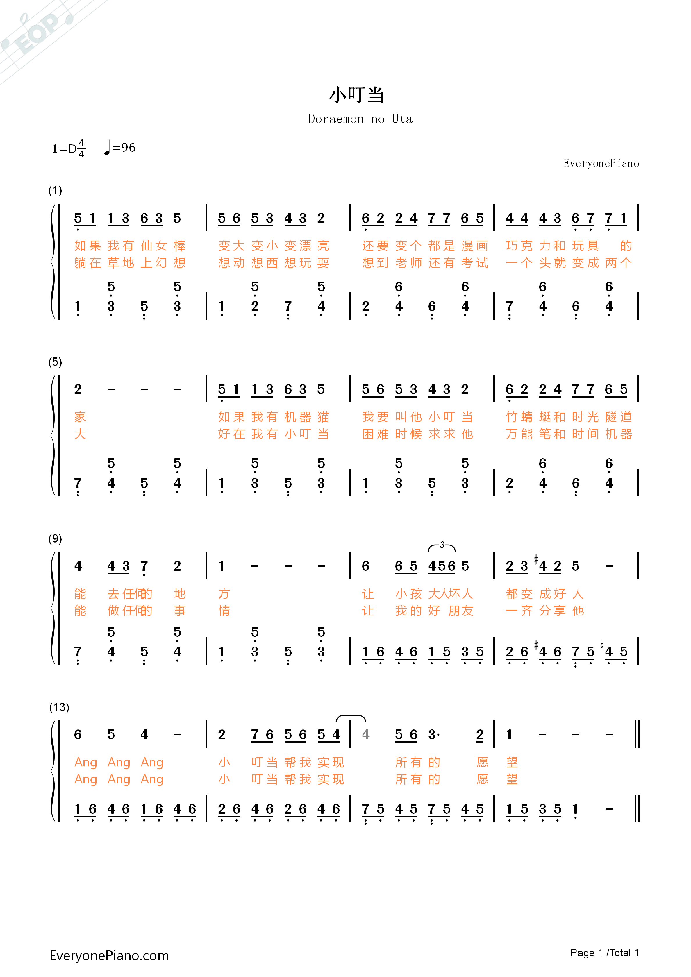 小叮当-哆啦a梦主题曲双手简谱预览1-钢琴谱文件(五线谱,双手简谱