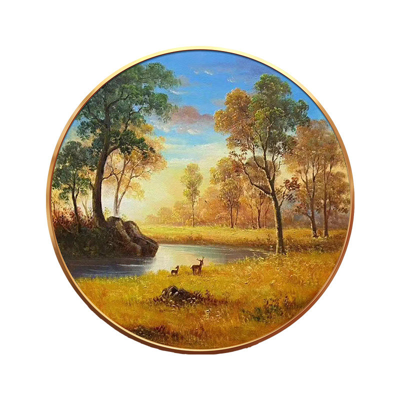 手绘油画福禄田园山水风景圆形画加灯带玄关油画