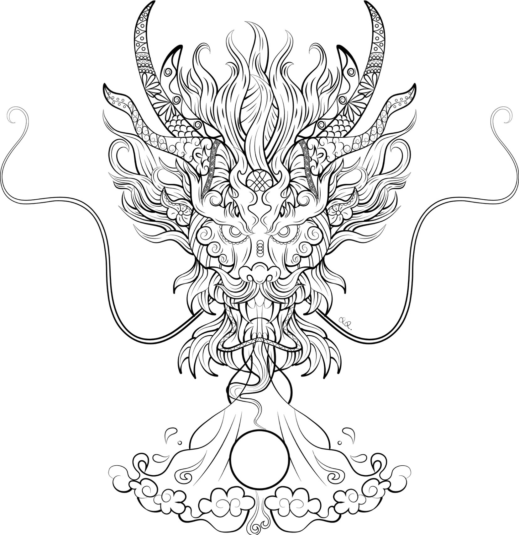 最近超爱国潮风格的画,一时兴起画了一只龙头吐珠～～ 	 做成t恤的话