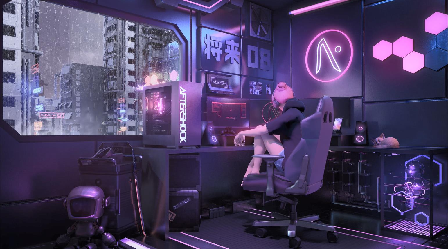 是一款阿宅非常喜欢的室内场景绘图动态壁纸,赛博朋克风格下的电脑