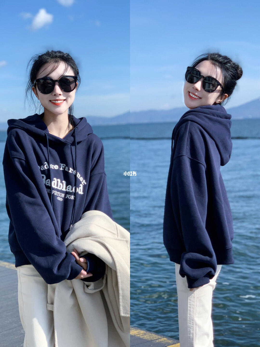 适合150以上女生穿搭深蓝色连帽加绒卫衣