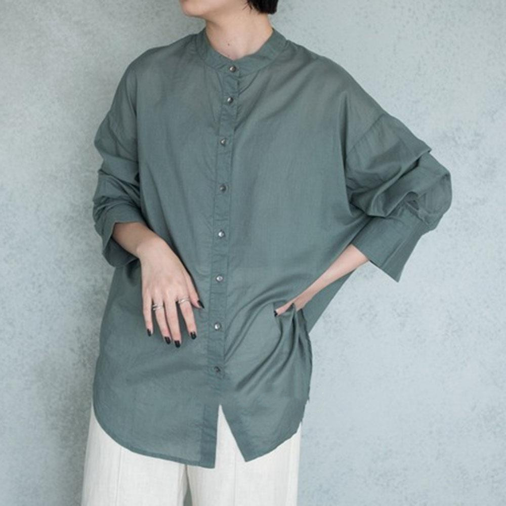 预售2020年春秋新款棉麻立领衬衣褶皱袖子宽松亚麻上衣
