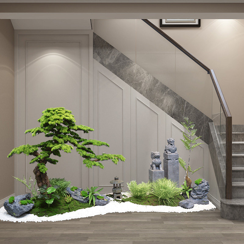 仿真松树楼梯下搭配造景迎客松玄关庭院大型装饰植物罗汉松假树