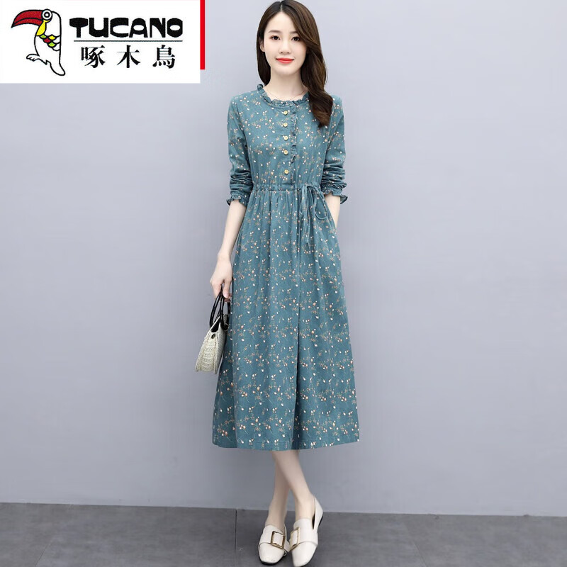 啄木鸟(tucano) 初秋碎花棉麻连衣裙2021秋冬新品气质系带显瘦打底