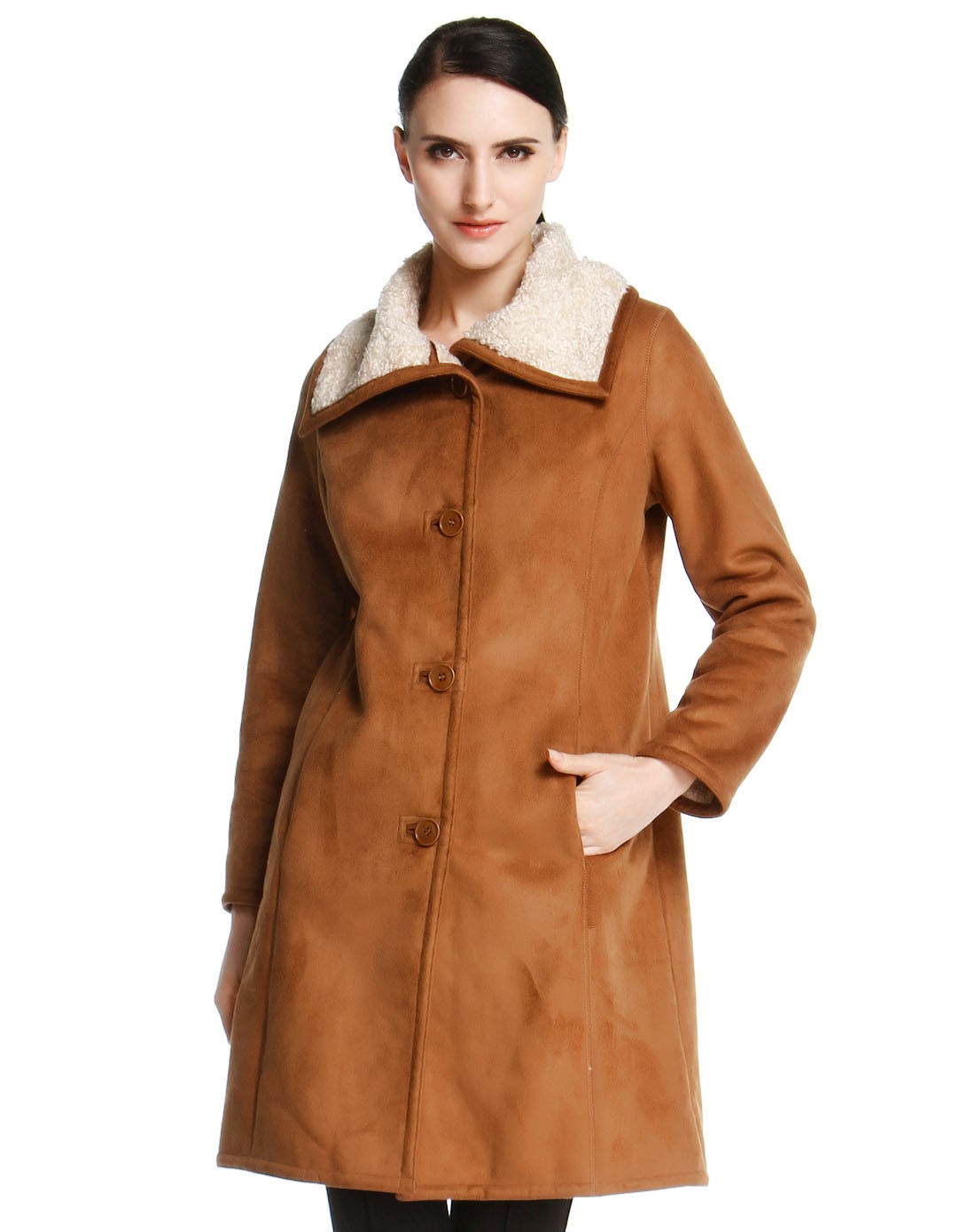 深咖啡色奢华时尚长款长袖大衣