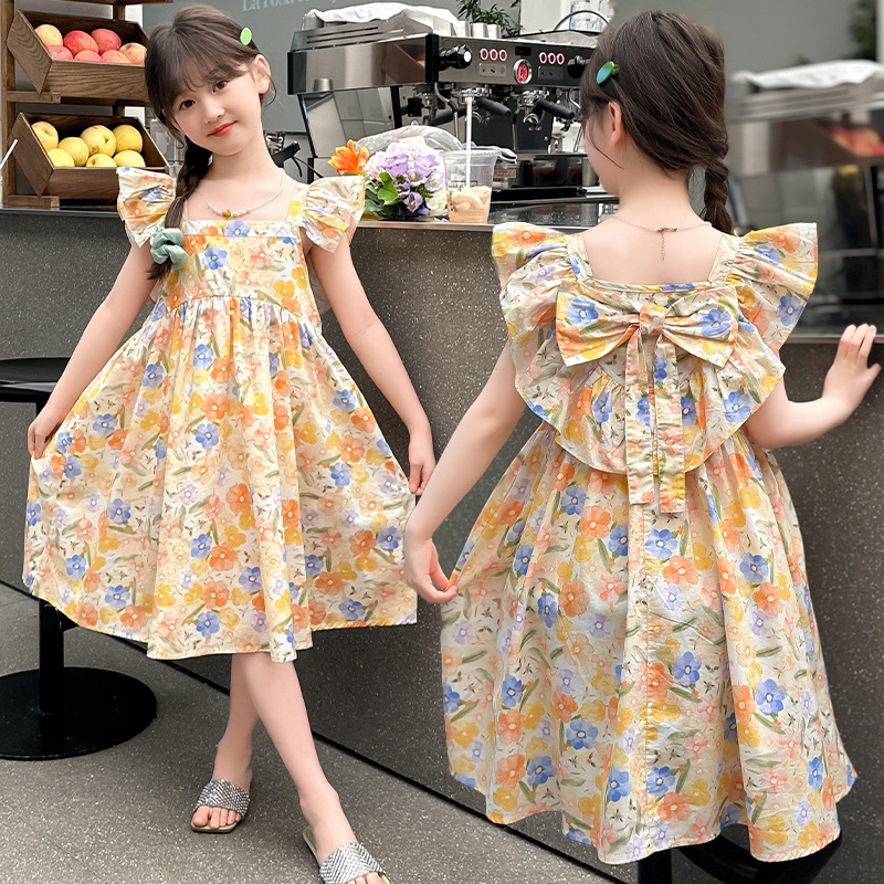 女童夏季小飞袖蝴蝶结连衣裙2024新款儿童洋气可爱公主裙女孩长裙