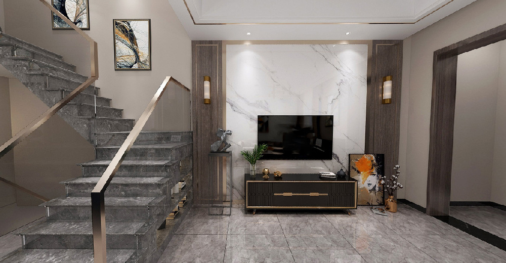 楼梯扶手金色镶边,搭配灰色地砖.