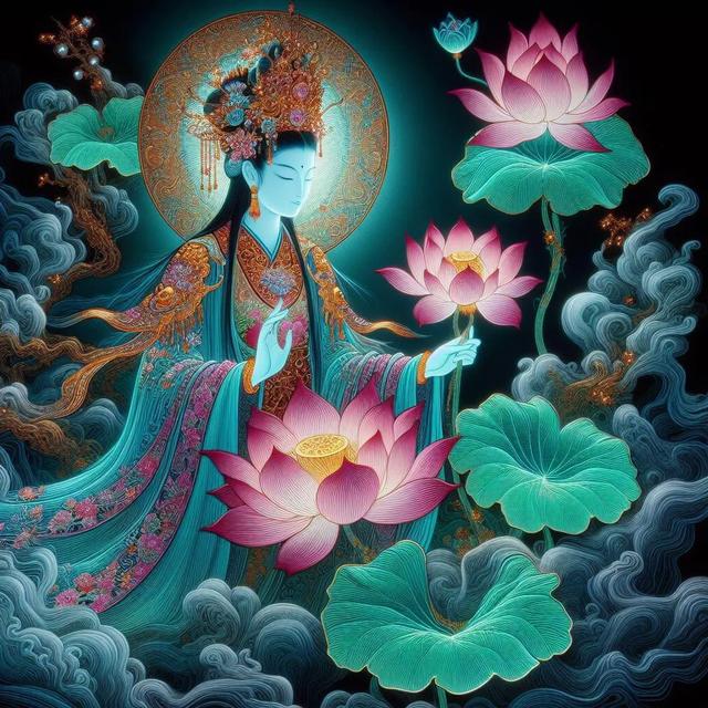 菩萨座下,莲花盛开,是一幅令人心醉神迷的美景.