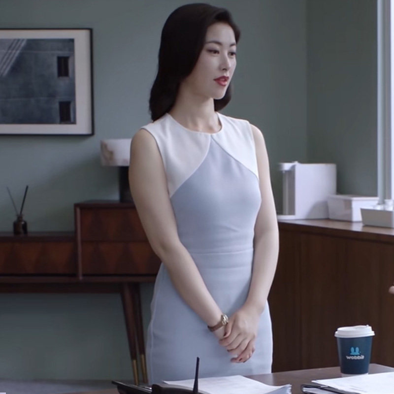 电视剧精英律师朱珠栗娜同款白色浅蓝拼接裙子无袖半身裙