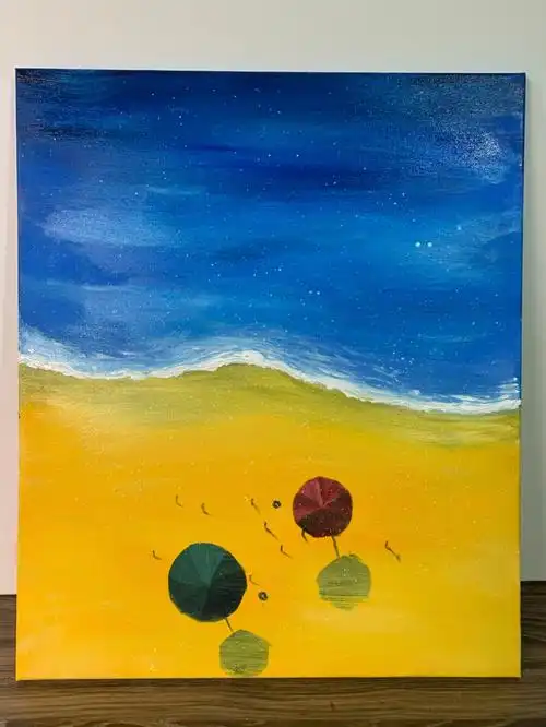 金色海滩大海手绘丙烯装饰画