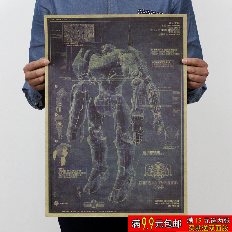 环太平洋 机甲设计图纸海报 复古牛皮纸装饰画 卧室宿舍墙贴