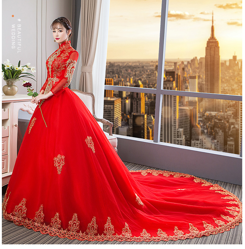 罗蒙(romon)红色婚纱礼服长拖尾2022秋冬中袖立领显瘦齐地新娘大码小