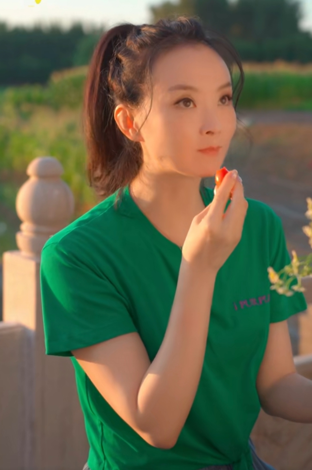 48岁王艳穿裙子下地干农活小番茄随便擦擦就吃被赞真实接地气