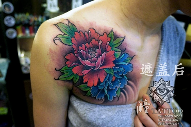 胸口传统牡丹遮盖