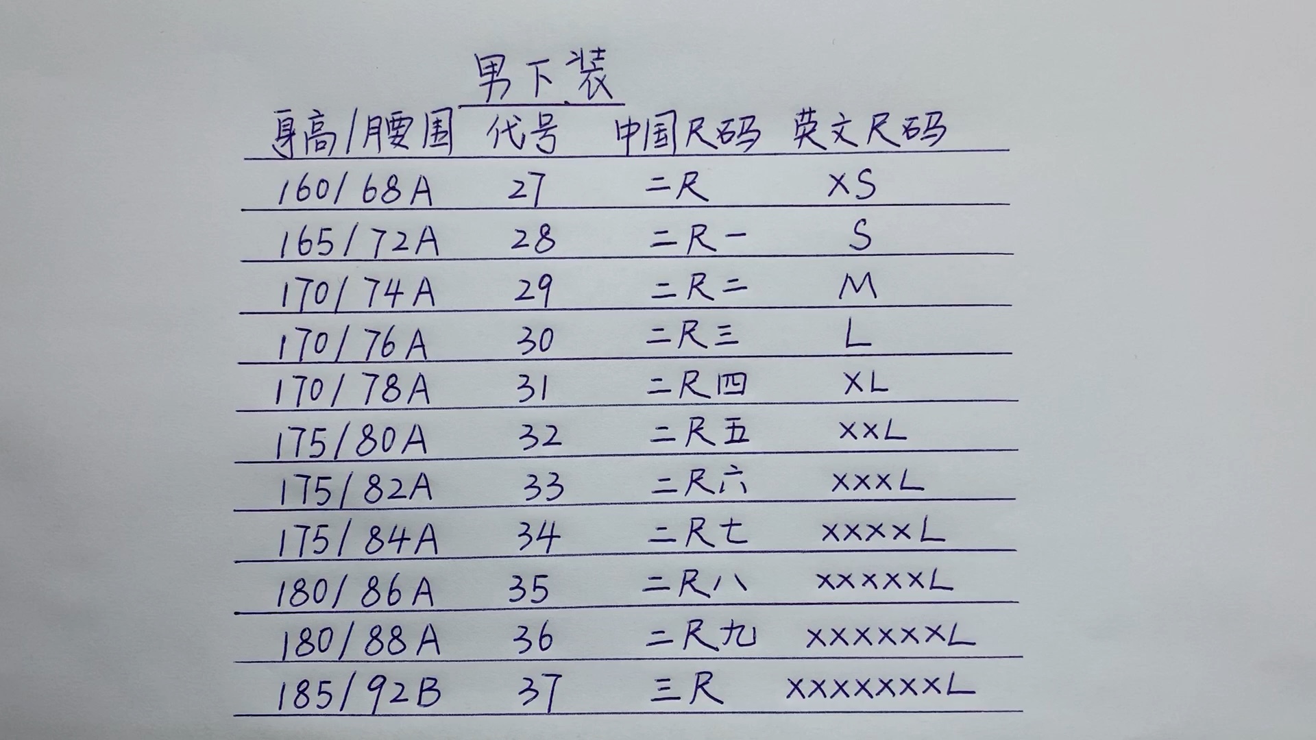 男生裤子尺码大全