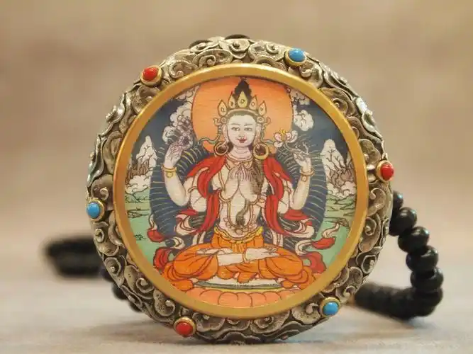 勉唐精品佩戴唐卡【搭配独家订制纯银外壳】白度母.四壁观音.